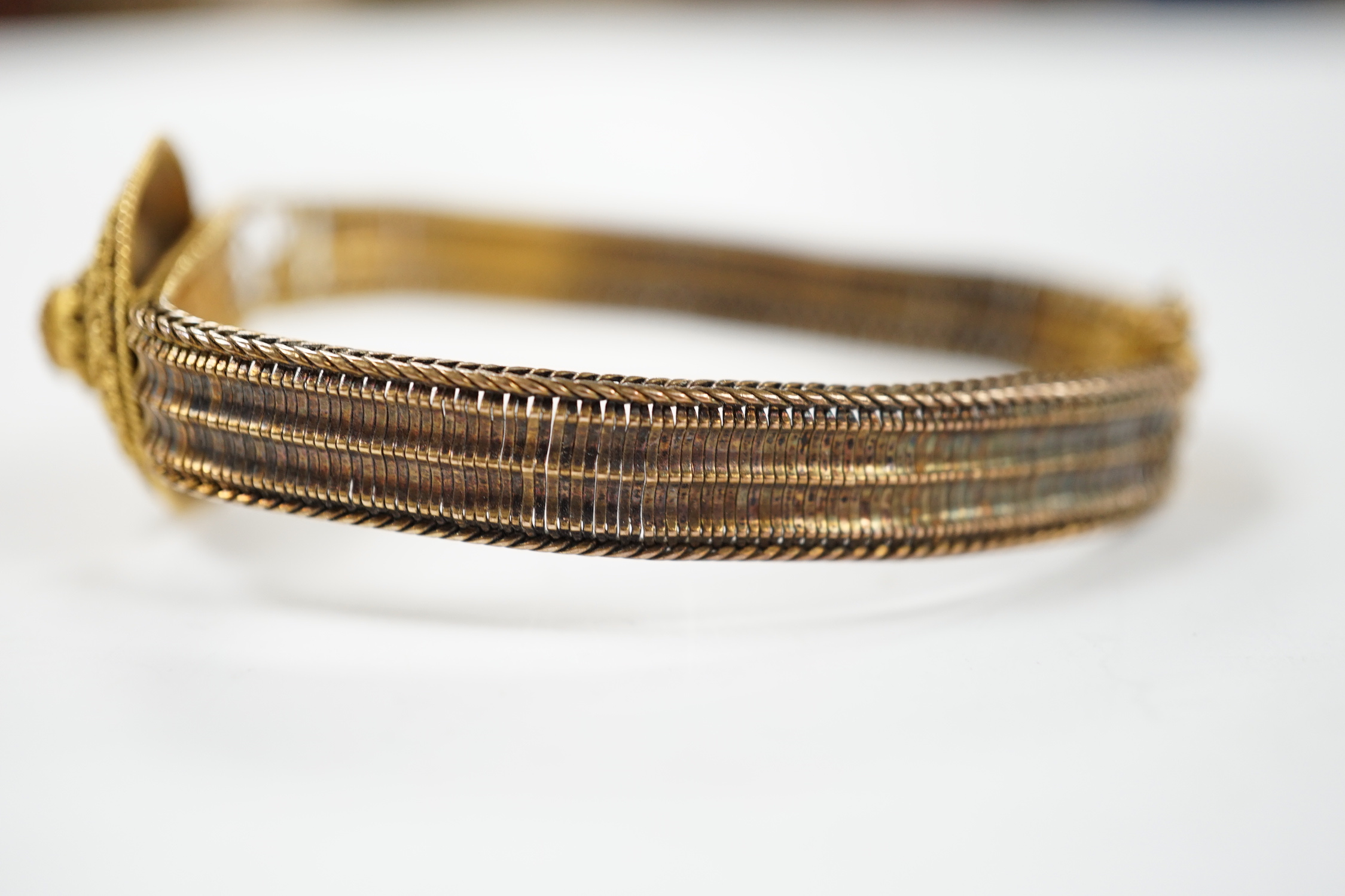 A Victorian yellow metal and cannetile work bracelet, (a.f.), 11 grams.